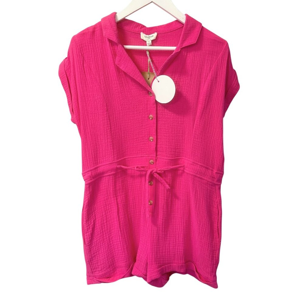 Umgee NWT Hot Pink Beachy Crinkle Gauze Short Sleeve Summer Romper size S